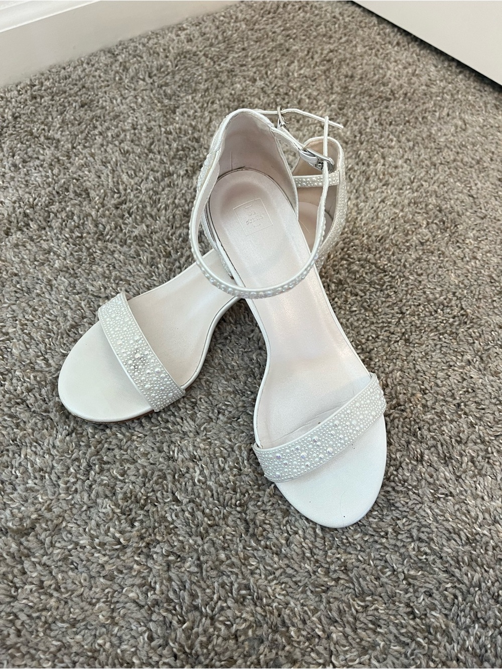 David's Bridal White Embellished Ankle-Strap Heels